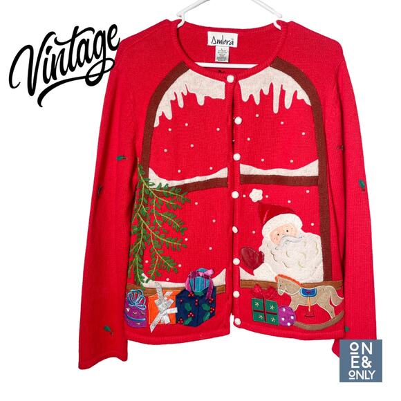 Vintage Red Christmas Santa Cardigan Button Up Snow Festive Casual Womens Large - Picture 1 of 16